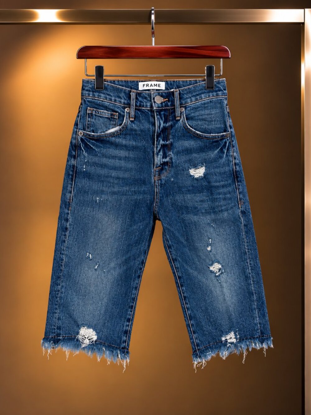 FRAME Le Vintage Bermuda Denim Shorts Heartbreaker Distressed Frayed Size 23